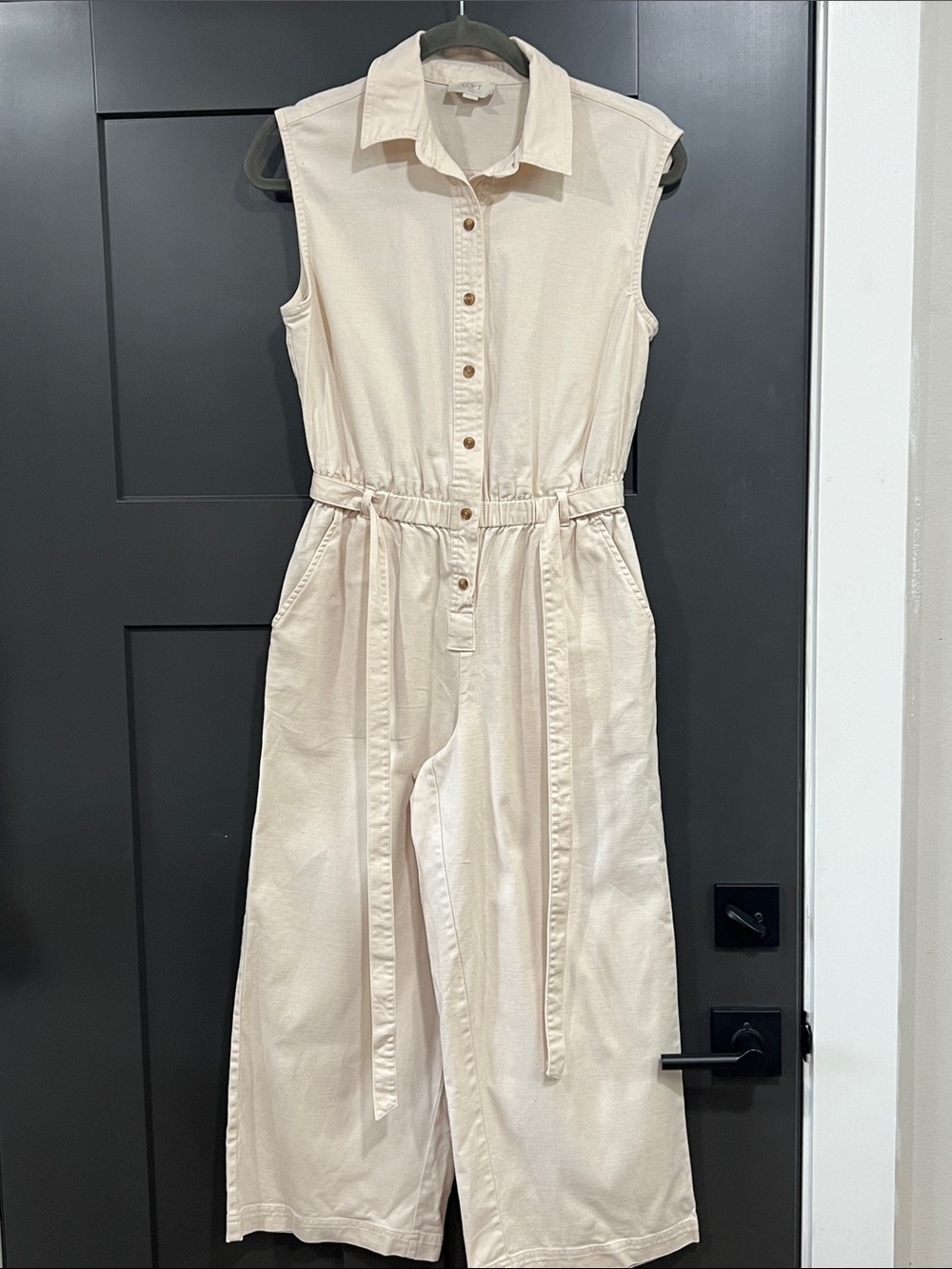 LOFT Sleeveless Button-Front Cream Utility Jumpsuit
